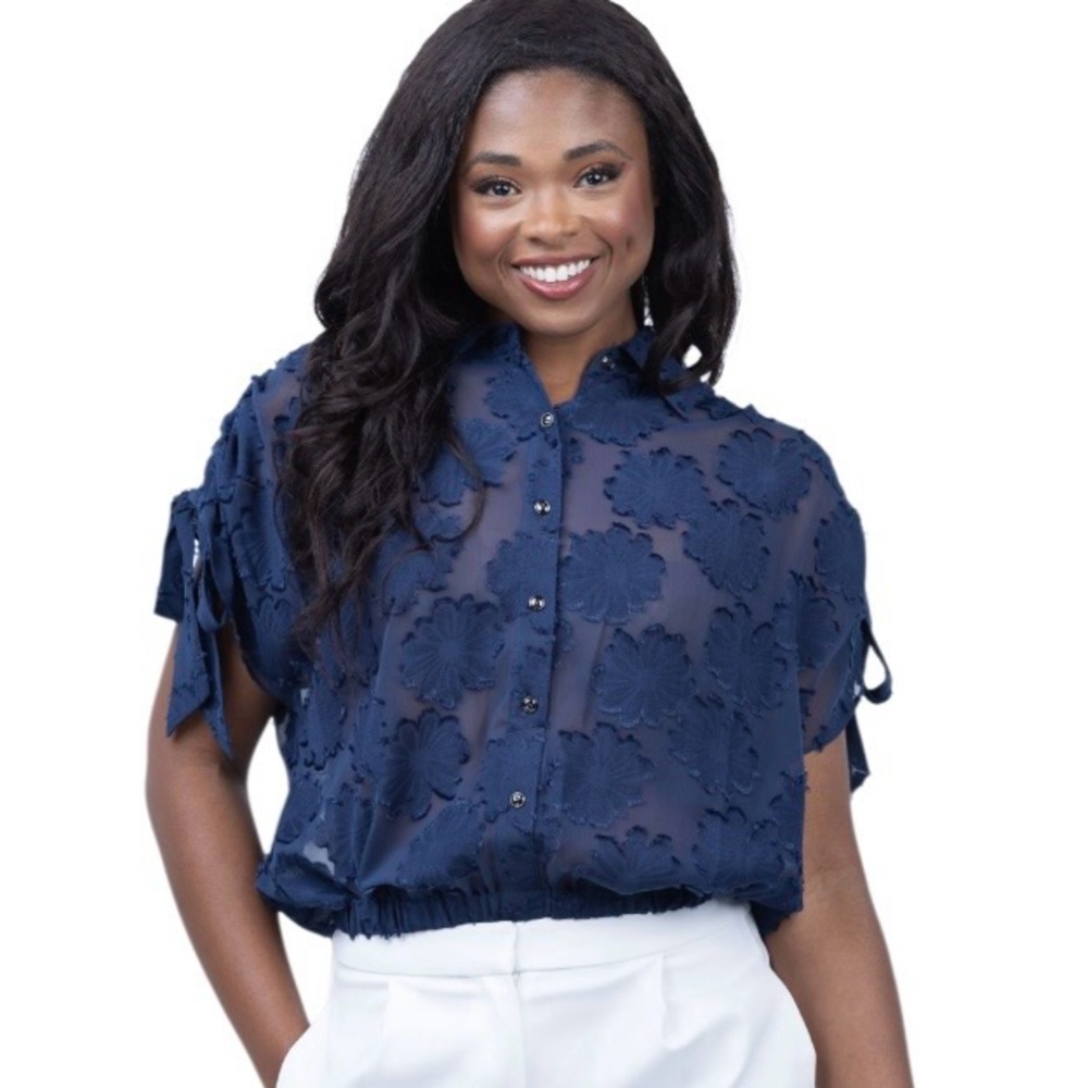 Ramy Brook‎ Roxie Blouse in Navy Jacquard Short Sleeves with a Tie Sz M Floral